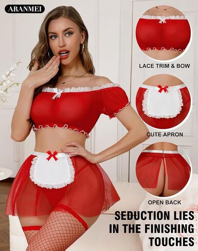 Aranmei Women's 4 Piece Maid Costume Set with Mesh Top Lace Apron Skirt and Fishnet Stockings for Halloween Cosplay Party in Saudi Arabia