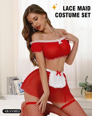 Aranmei Women's 4 Piece Maid Costume Set with Mesh Top Lace Apron Skirt and Fishnet Stockings for Halloween Cosplay Party in Saudi Arabia