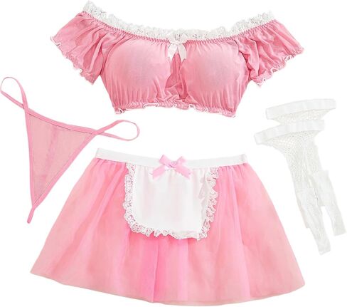 Aranmei Women's 4 Piece Maid Costume Set with Mesh Top Lace Apron Skirt and Fishnet Stockings for Halloween Cosplay Party in Saudi Arabia