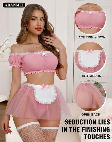 Aranmei Women's 4 Piece Maid Costume Set with Mesh Top Lace Apron Skirt and Fishnet Stockings for Halloween Cosplay Party in Saudi Arabia