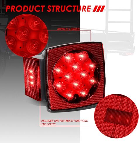 Auto Dynasty 2PCS 12V Submersible Square Led Trailer Light, Red LED Stop Turn Tail License Brake Running Light Lamp for Trailers Under 80" Boat Trailer Marine Camper RV Snowmobile, IP68 Waterproof in Saudi Arabia