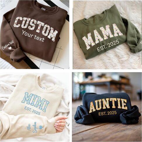 Custom Embroidered Sweatshirt with Floral Applique,Personalized Text on Sleeve Mama,Mimi,Besties Sweatshirt in Saudi Arabia
