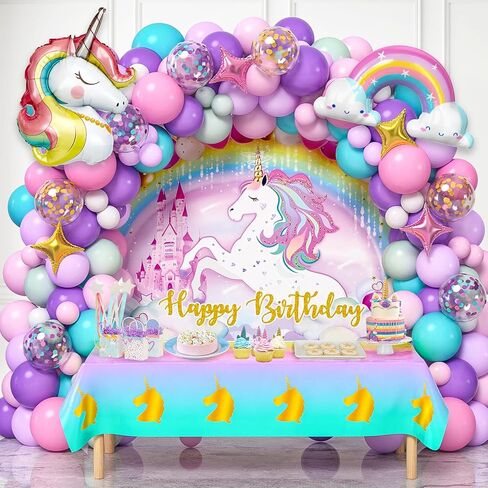 Winrayk 144Pcs Purple Unicorn Party Decorations Birthday Supplies for Girls, Purple Pink Blue Balloon Arch Kit with Backdrop Tablecloth Foil Balloons, Kids Rainbow Unicorn Themed Birthday Decorations in Kuwait
