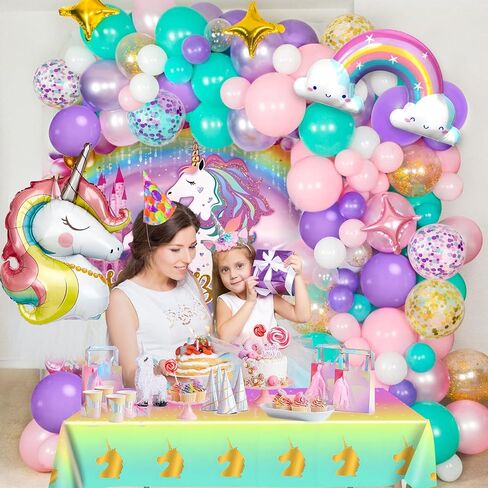 Winrayk 144Pcs Purple Unicorn Party Decorations Birthday Supplies for Girls, Purple Pink Blue Balloon Arch Kit with Backdrop Tablecloth Foil Balloons, Kids Rainbow Unicorn Themed Birthday Decorations in Kuwait