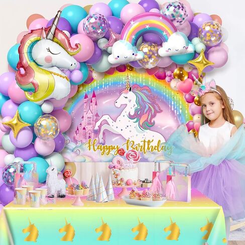 Winrayk 144Pcs Purple Unicorn Party Decorations Birthday Supplies for Girls, Purple Pink Blue Balloon Arch Kit with Backdrop Tablecloth Foil Balloons, Kids Rainbow Unicorn Themed Birthday Decorations in Kuwait