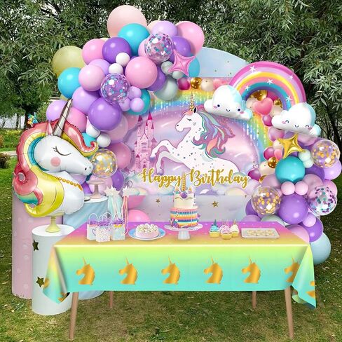 Winrayk 144Pcs Purple Unicorn Party Decorations Birthday Supplies for Girls, Purple Pink Blue Balloon Arch Kit with Backdrop Tablecloth Foil Balloons, Kids Rainbow Unicorn Themed Birthday Decorations in Kuwait