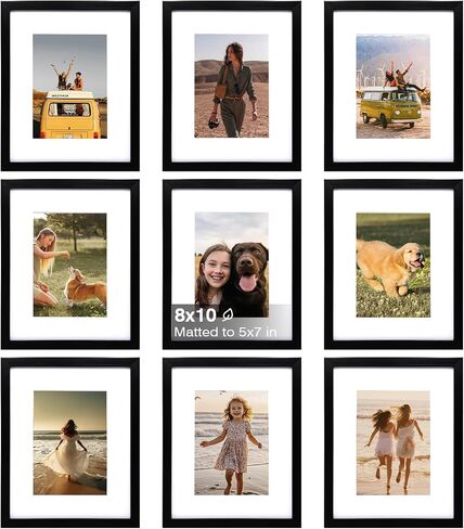 KINLINK 8x10 Picture Frame Set of 9, Wooden 10x8 Photo Frames with Plexiglass for 5x7 Pictures with Mat or 8x10 Without Mat, Art Collage for Wall Gallery and Tabletop Display, 8 x 10 Frame Black in Kuwait