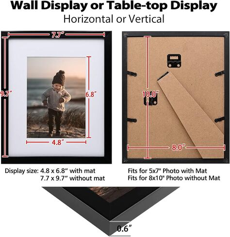 KINLINK 8x10 Picture Frame Set of 9, Wooden 10x8 Photo Frames with Plexiglass for 5x7 Pictures with Mat or 8x10 Without Mat, Art Collage for Wall Gallery and Tabletop Display, 8 x 10 Frame Black in Kuwait