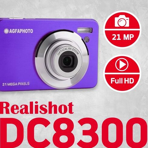 Agfa Photo Realishot DC8300 - كاميرا رقمية مضغوطة ، 18 ميجابكسل ، فيديو HD الكامل ، شاشة 2.7 '' LCD ، Zoom البصري 8x ، بطارية ليثيوم - أرجواني in Kuwait