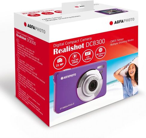 Agfa Photo Realishot DC8300 - كاميرا رقمية مضغوطة ، 18 ميجابكسل ، فيديو HD الكامل ، شاشة 2.7 '' LCD ، Zoom البصري 8x ، بطارية ليثيوم - أرجواني in Kuwait