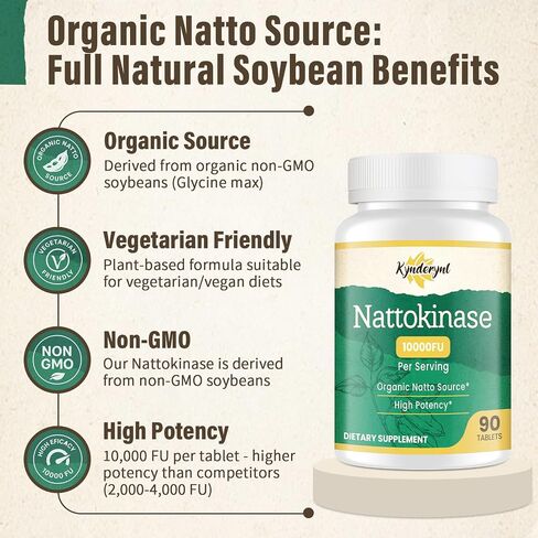 مكمل Nattokinase 10000FU - إنزيم الناتو العضوي 500 مجم لصحة الدورة الدموية، أقراص مغلفة معويًا تساعد على الهضم والمساعدة على الامتصاص، نباتي، 90 قرصًا (إمداد لمدة 90 يومًا) in Kuwait