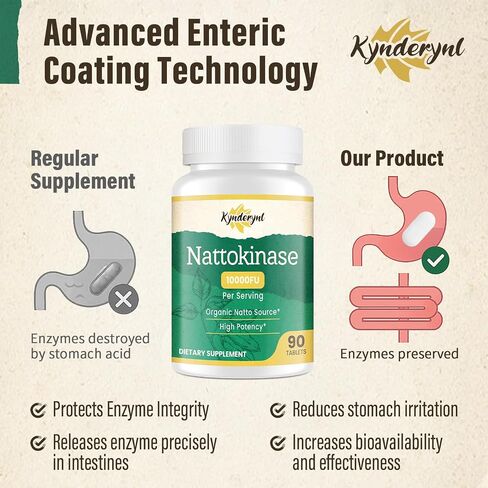 مكمل Nattokinase 10000FU - إنزيم الناتو العضوي 500 مجم لصحة الدورة الدموية، أقراص مغلفة معويًا تساعد على الهضم والمساعدة على الامتصاص، نباتي، 90 قرصًا (إمداد لمدة 90 يومًا) in Kuwait