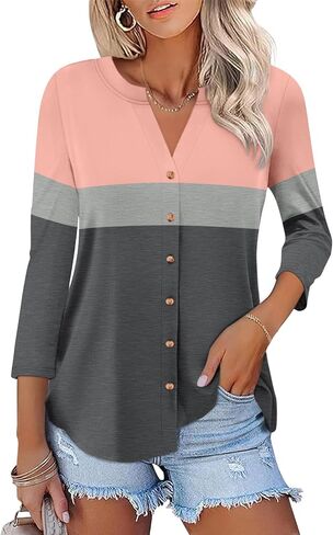 Womens 3/4 Sleeve Tops Button Down Shirts Color Block Casual Summer Shirts Trendy Tops in Saudi Arabia
