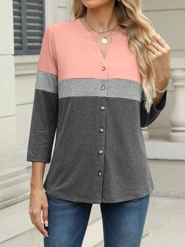 Womens 3/4 Sleeve Tops Button Down Shirts Color Block Casual Summer Shirts Trendy Tops in Saudi Arabia