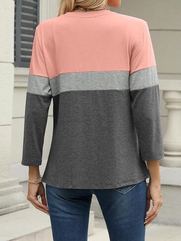 Womens 3/4 Sleeve Tops Button Down Shirts Color Block Casual Summer Shirts Trendy Tops in Saudi Arabia