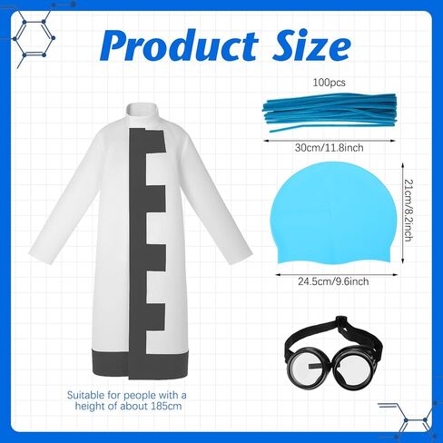 Geyoga 103 Pcs Mad Scientist Halloween Costume for Adults with Lab Coat, Swimming Hat, Goggles and Twist Stick, Science Expert Halloween Costume and Accessories for Cosplay Party in Saudi Arabia