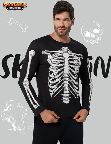 أزياء Spooktacular للهالوين للرجال هيكل عظمي قميص طويل الأكمام للبالغين، أزياء الهالوين للرجال 2025 in Saudi Arabia