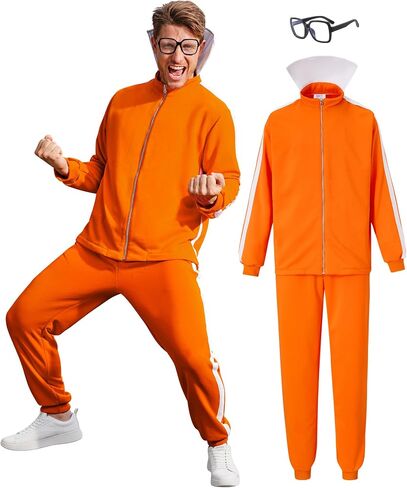 Arvilhill 3 Pcs Men's Inventor Villain Costume Halloween Party Adult Orange Sports Suit With Pants Glasses (S-3XL) in Saudi Arabia