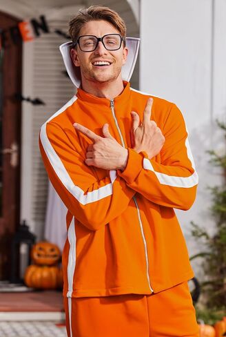 Arvilhill 3 Pcs Men's Inventor Villain Costume Halloween Party Adult Orange Sports Suit With Pants Glasses (S-3XL) in Saudi Arabia