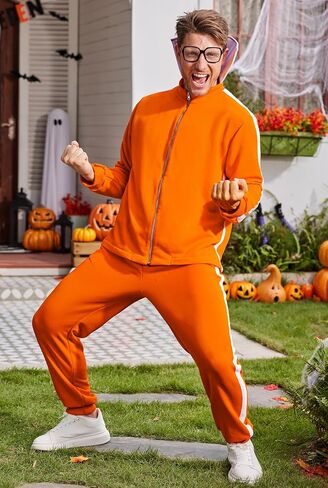 Arvilhill 3 Pcs Men's Inventor Villain Costume Halloween Party Adult Orange Sports Suit With Pants Glasses (S-3XL) in Saudi Arabia