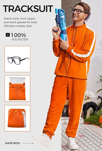 Arvilhill 3 Pcs Men's Inventor Villain Costume Halloween Party Adult Orange Sports Suit With Pants Glasses (S-3XL) in Saudi Arabia