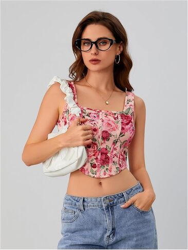 SHENHE Women's Floral Croset Top Square Neck Vintage Renaissance Summer Going Out Bustier Crop Tops in Saudi Arabia