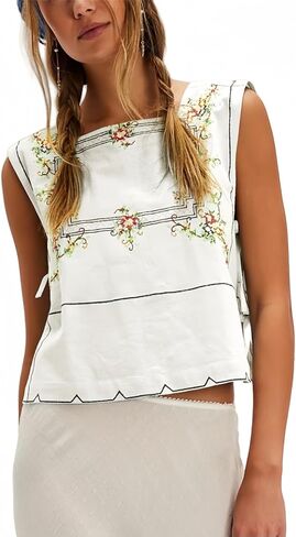Womens Side Tie Tank Tops Summer Floral Embroidered Sleeveless Square Neck Boho Babydoll Casual Camisole Shirt in Kuwait