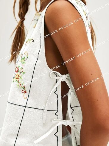 Womens Side Tie Tank Tops Summer Floral Embroidered Sleeveless Square Neck Boho Babydoll Casual Camisole Shirt in Kuwait