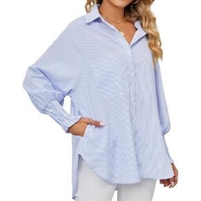 Ahtyeo المرأة Smocked مكبل مخطط صديقها زر أسفل القمصان عارضة طوق كم طويل المتضخم بلوزة قمم مع جيب in Kuwait