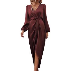 Sexyshine Women's Wrap V Neck Long Sleeve Satin Midi Dress Split Hem Ruched Pleated Formal Evening Party Dresses in Kuwait