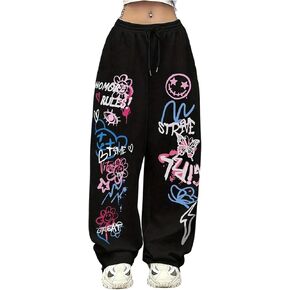 بنطلون نسائي من Verdusa مطبوع عليه حروف هيب هوب برباط وخصر مستقيم وساق فضفاضة in Kuwait