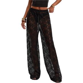 سروال نسائي من GORGLITTER مصنوع من الدانتيل شبكي شفاف مزين بالزهور بأرجل واسعة يمكن رؤيته من خلال الجزء السفلي من الجرس in Kuwait