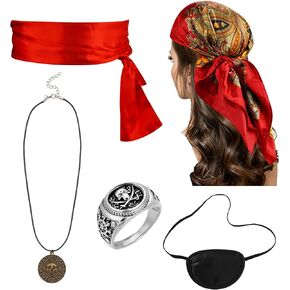 Mujahid 5PCS Pirate Costume Set, Women Pirate Accessories Head Scarf, Sash, Necklace, Eye Patch and Ring, Halloween Outfit Accessories for Adult Cosplay Party pirate accessories in Saudi Arabia