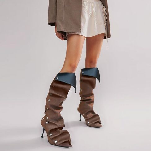 KaroNairy Knee High Boots for Women Pointed Toe Stiletto High Heel Boot Detachable Snap-off Panel Fold Over Fall Shark Boots in Saudi Arabia