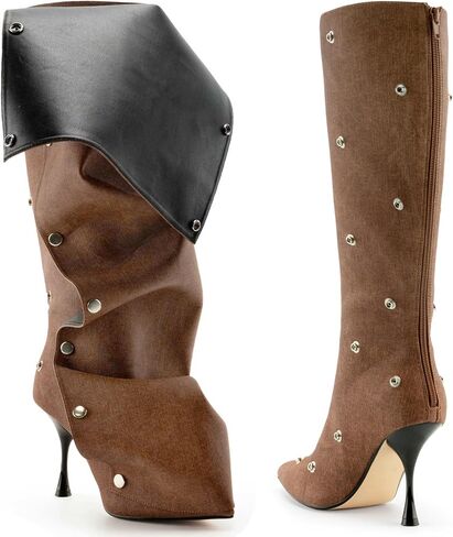 KaroNairy Knee High Boots for Women Pointed Toe Stiletto High Heel Boot Detachable Snap-off Panel Fold Over Fall Shark Boots in Saudi Arabia