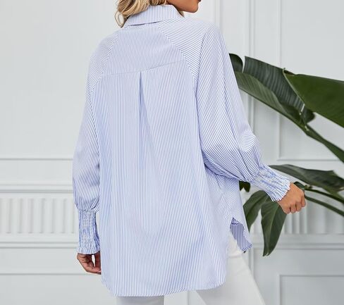 Ahtyeo المرأة Smocked مكبل مخطط صديقها زر أسفل القمصان عارضة طوق كم طويل المتضخم بلوزة قمم مع جيب in Kuwait