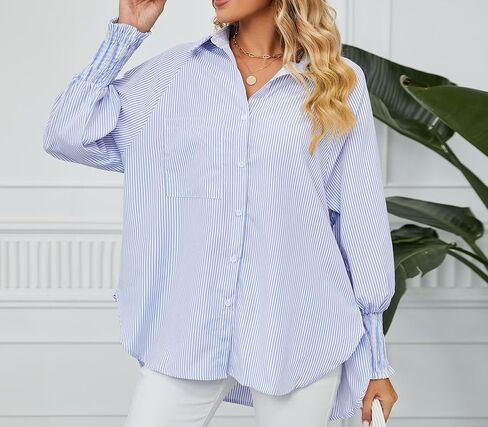 Ahtyeo المرأة Smocked مكبل مخطط صديقها زر أسفل القمصان عارضة طوق كم طويل المتضخم بلوزة قمم مع جيب in Kuwait