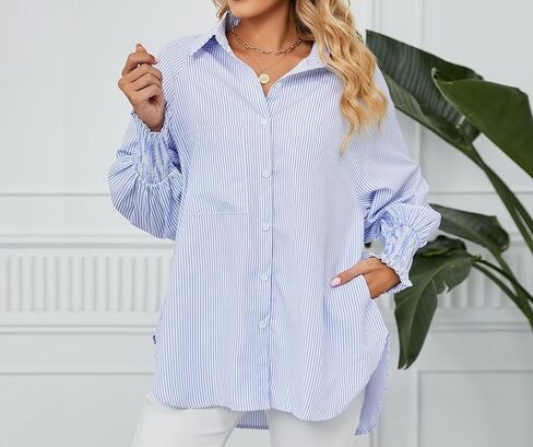 Ahtyeo المرأة Smocked مكبل مخطط صديقها زر أسفل القمصان عارضة طوق كم طويل المتضخم بلوزة قمم مع جيب in Kuwait