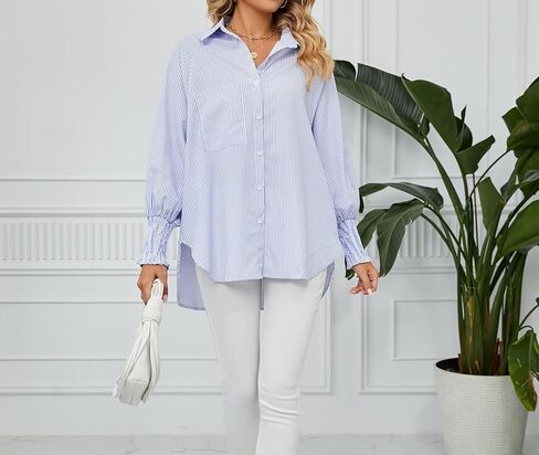 Ahtyeo المرأة Smocked مكبل مخطط صديقها زر أسفل القمصان عارضة طوق كم طويل المتضخم بلوزة قمم مع جيب in Kuwait