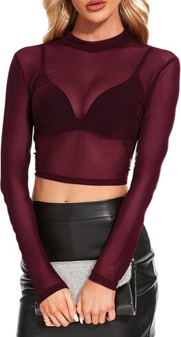 Women's Mesh Long Sleeve Top See Through Shirt Sexy High Crew Neck Sheer Blouse in Saudi Arabia