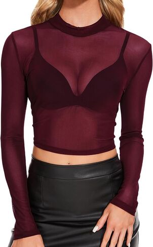 Women's Mesh Long Sleeve Top See Through Shirt Sexy High Crew Neck Sheer Blouse in Saudi Arabia