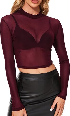 Women's Mesh Long Sleeve Top See Through Shirt Sexy High Crew Neck Sheer Blouse in Saudi Arabia