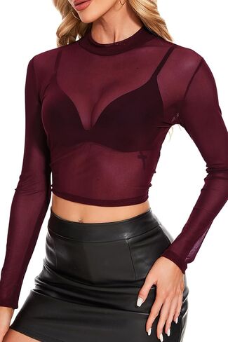 Women's Mesh Long Sleeve Top See Through Shirt Sexy High Crew Neck Sheer Blouse in Saudi Arabia