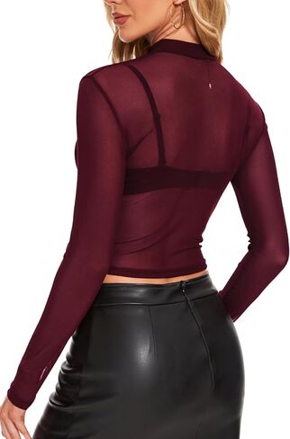 Women's Mesh Long Sleeve Top See Through Shirt Sexy High Crew Neck Sheer Blouse in Saudi Arabia
