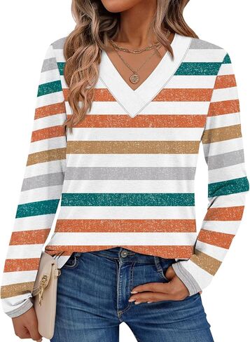 Dealmore Long Sleeve Shirts for Women Tops Fall Teacher Outfits T Shirt V Neck Top Colorful Basic Tees Tshirt Blouses in Kuwait