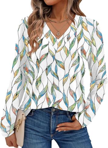 Dealmore Long Sleeve Shirts for Women Tops Fall Teacher Outfits T Shirt V Neck Top Colorful Basic Tees Tshirt Blouses in Kuwait