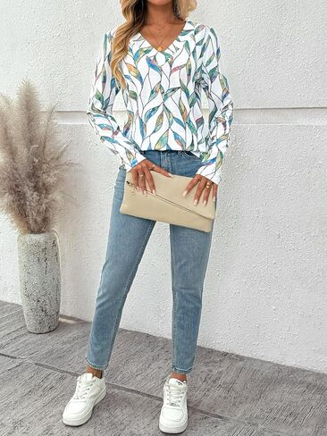 Dealmore Long Sleeve Shirts for Women Tops Fall Teacher Outfits T Shirt V Neck Top Colorful Basic Tees Tshirt Blouses in Kuwait