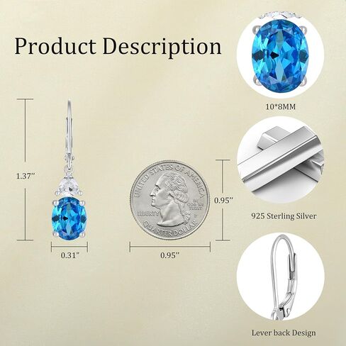 JO WISDOM Women Dangle Earrings,925 Sterling Silver Birthstone Leverback Earrings with 8 * 10mm Valentines Day Gifts for Her Jewelry Mothers Day Christmas Gifts for Women in Saudi Arabia