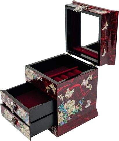 February Mountain Mother of Pearl Jewelry Box with 2 Drawers Gifts for Women Mom Wife Best Friend Birthday Mothers day Wedding Valentine Day (Red) in Kuwait