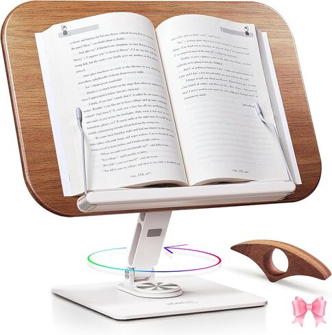 Book Stand for Reading, Adjustable Book Holder with 360° Swivel Base, Foldable Cookbook Stand,Elastic Clips, Sturdy, Large Panel, Solid Oak Wood, for textbooks, Sheet Music, Recipes, Tablets, laptops in Saudi Arabia